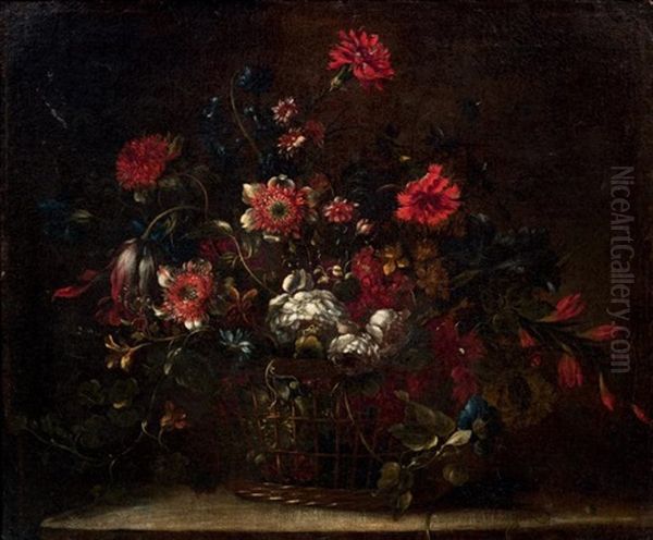 Panier De Fleurs Sur Un Entablement Oil Painting by Nicolas Baudesson