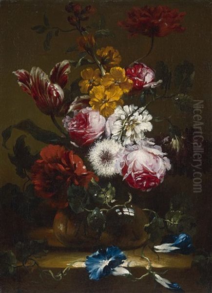 Roses, Tulips, Bindweed And Other Flowers In A Vase Oil Painting by Nicolas Baudesson