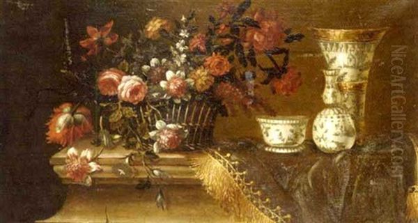 Corbeille De Fleurs, Vases, Tasse Et Tapis Sur Un Entablement Oil Painting by Nicolas Baudesson