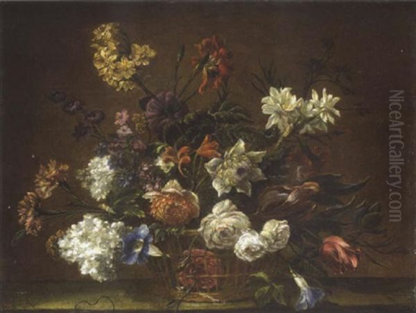 Bouquet De Fleurs Dans Un Panier Oil Painting by Nicolas Baudesson