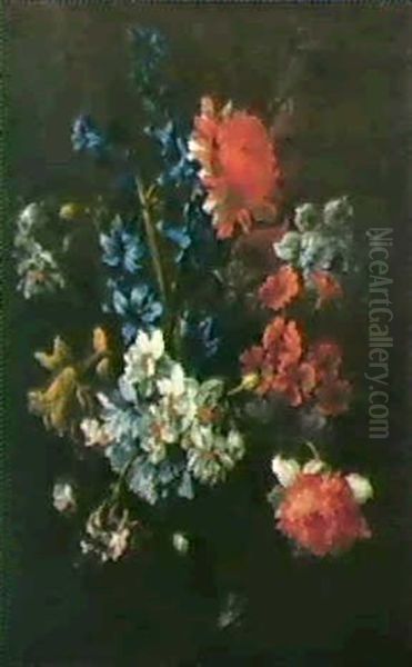 Bouquet De Fleurs Bleues, Rouges Et Blanches Dans Un Vase   Translucide Oil Painting by Nicolas Baudesson