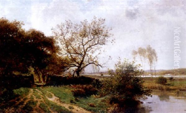 Sudliche Flusslandschaft (garonne) An Einem Sommertag Oil Painting by Amedee Baudit