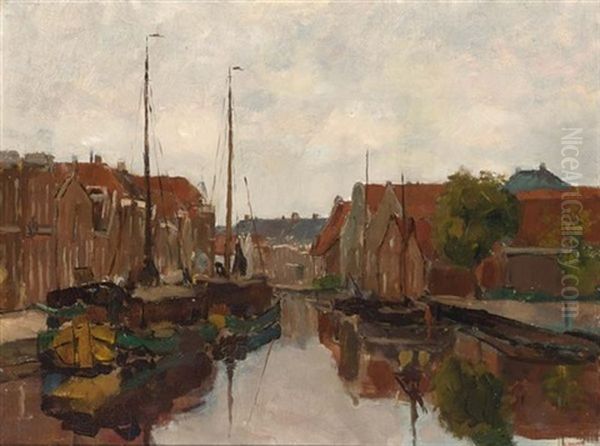 Moored Boats In A Dutch Town Oil Painting by Victor Bauffe