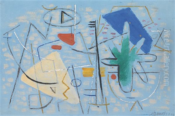 Auf Hellblau (on Light Blue) Oil Painting by Willi Baumeister