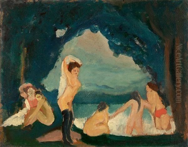 Im Bad Oil Painting by Willi Baumeister