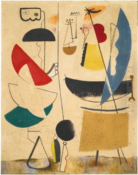 Kegelspiel In Metaphysischer Landschaft (bowling Game In Metaphysical Landscape) Oil Painting by Willi Baumeister