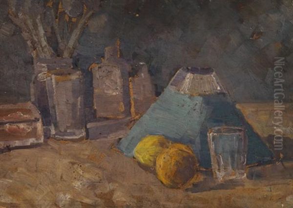 Stilleben Mit Grunem Lampenschirm (+ Akt, Verso) Oil Painting by Willi Baumeister