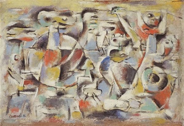 Belebte Landschaft (auch: Belebte Mauerlandschaft) Oil Painting by Willi Baumeister