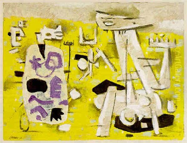 Komposition Mit Gelbem Grund Oil Painting by Willi Baumeister