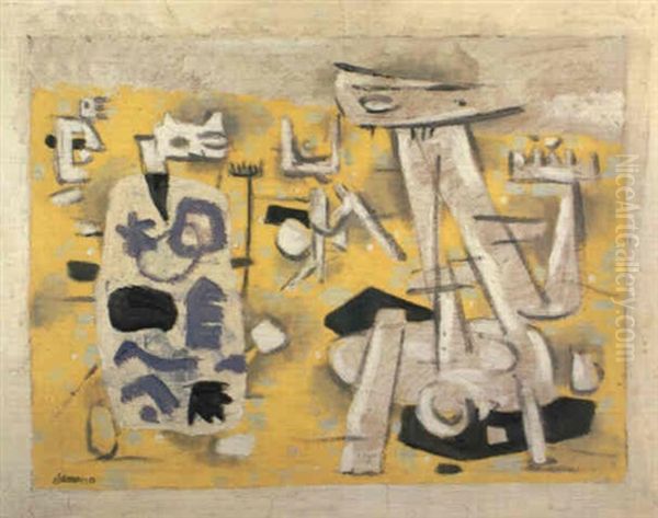 Komposition Mit Gelbem Fond (metaphysische Landschaft) Oil Painting by Willi Baumeister