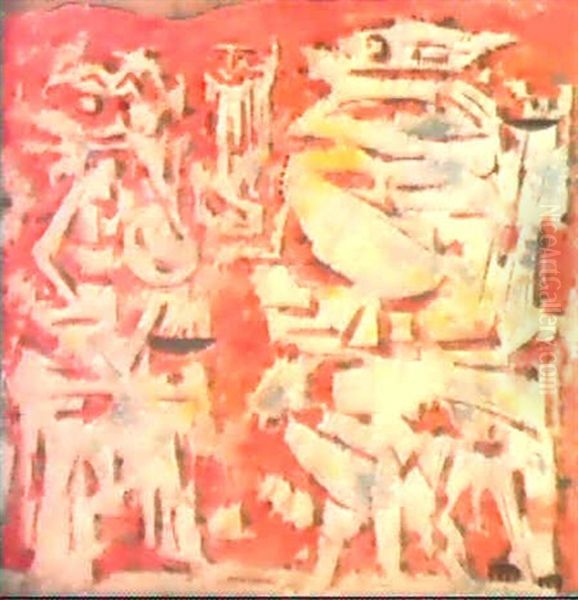 Graue Figuren Auf Weinrot Oil Painting by Willi Baumeister