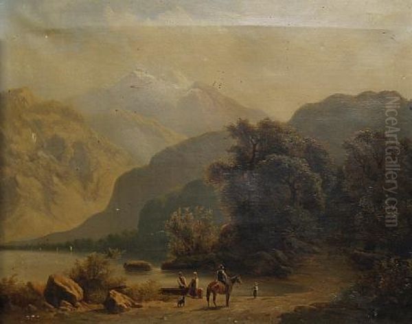 A Family On The Shore On A Mountain Lake Oil Painting by Henri Baumgartner