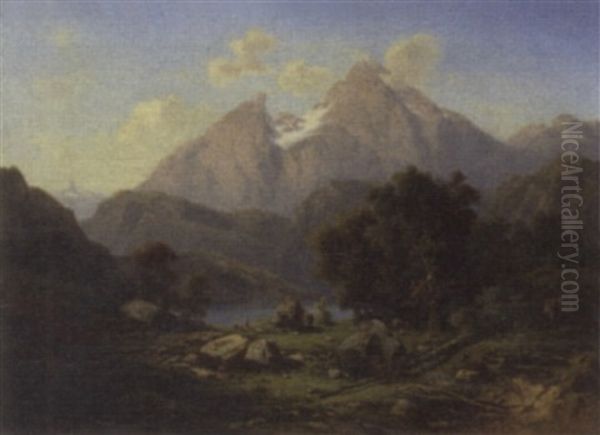 Travellers Resting In An Alpine Landscape Oil Painting by Henri Baumgartner
