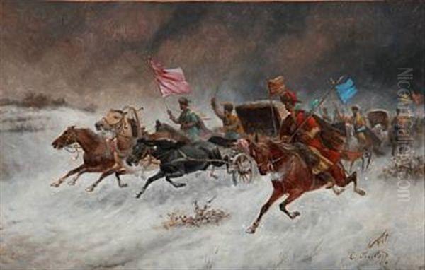 Transporting Gold In Siberia Oil Painting by Adolf (Constantin) Baumgartner-Stoiloff