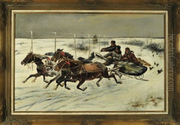 Wilde Fahrt Mit Dem Vierspannigen Schlitten In Russischer Winterlandschaft Mit Hunden Im Gefolge Oil Painting by Adolf (Constantin) Baumgartner-Stoiloff