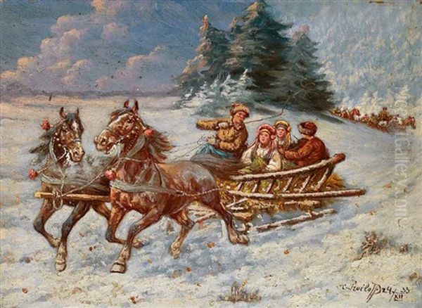 Russisches Schlittengespann In Weiter Winterlandschaft Oil Painting by Adolf (Constantin) Baumgartner-Stoiloff