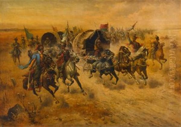 A Band Of Cossacks Oil Painting by Adolf (Constantin) Baumgartner-Stoiloff