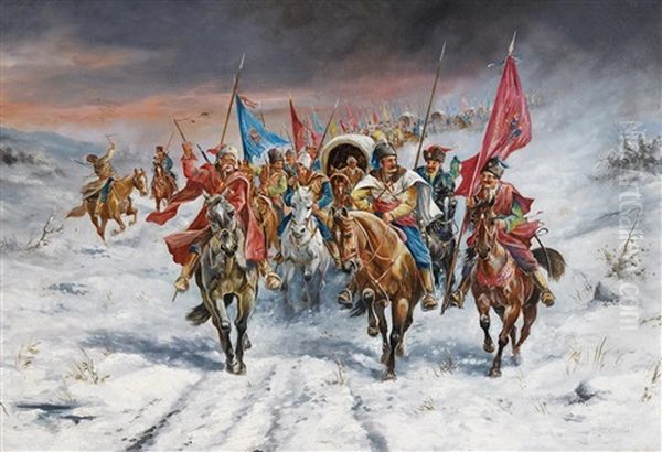 Ein Groser Reiterzug Der Kosaken Im Winter Oil Painting by Adolf (Constantin) Baumgartner-Stoiloff