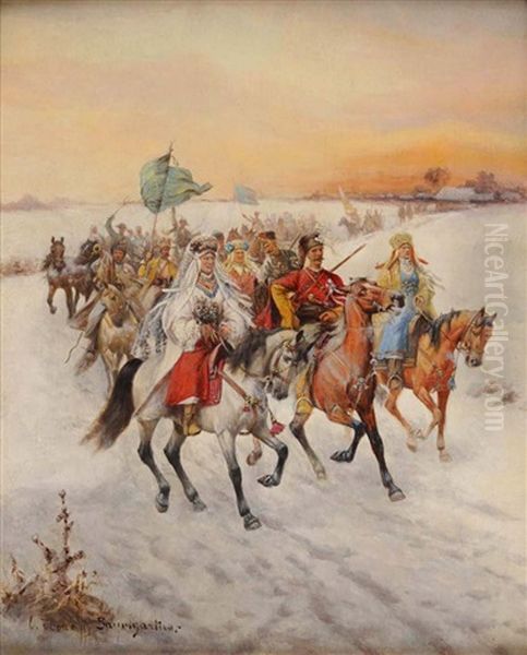 Wedding Procession Oil Painting by Adolf (Constantin) Baumgartner-Stoiloff