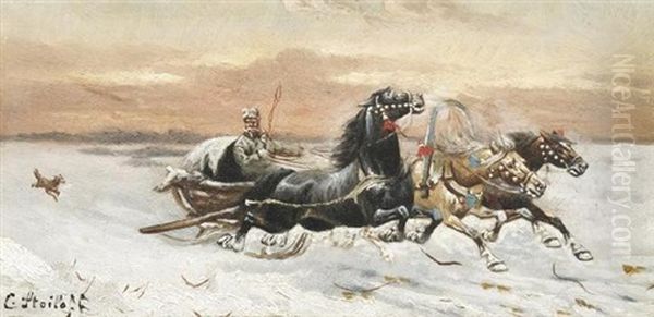 Pferdeschlitten Im Abendrot Oil Painting by Adolf (Constantin) Baumgartner-Stoiloff