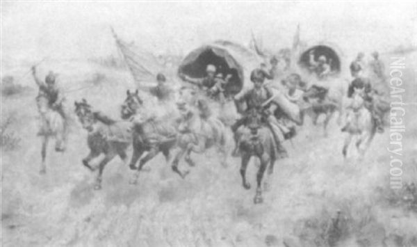 Cavalry Charge Oil Painting by Adolf (Constantin) Baumgartner-Stoiloff