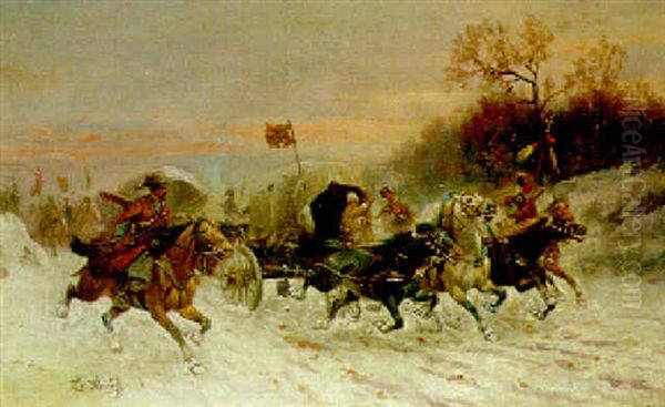 Charging Wagons And Cavalry In A Winter Landscape Oil Painting by Adolf (Constantin) Baumgartner-Stoiloff