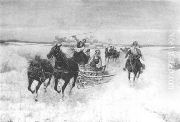 Winterliche Schlittenfahrt Durch Die Verschneite Taiga Oil Painting by Adolf (Constantin) Baumgartner-Stoiloff