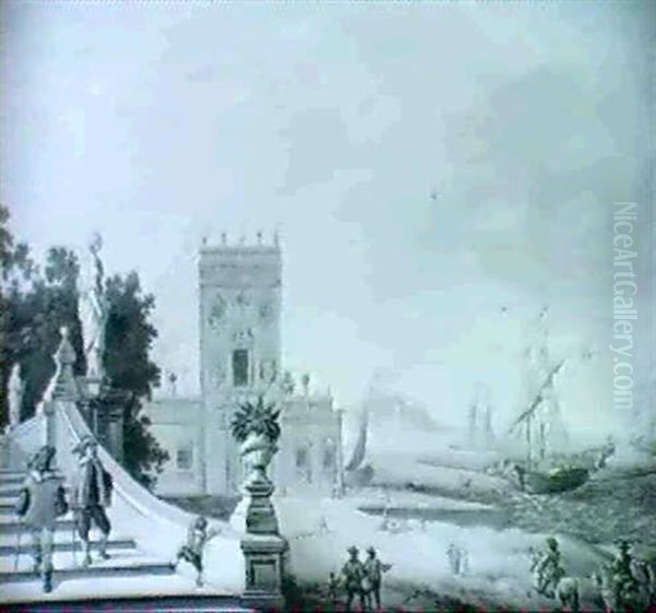 Paysage Lacustre Avec Palais Anime De Nombreux Personnages Oil Painting by Johann Wilhelm Baur