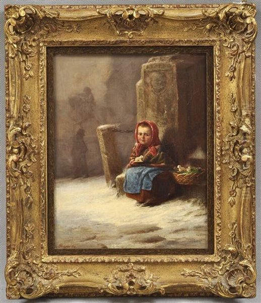 Einen Dreier S Schafchen (frierendes Kind Verkauft Spielzeugfiguren) Oil Painting by Hermann Bayer