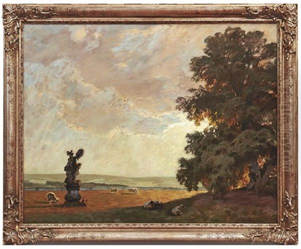 Im Schlosspark Von Seehof Weidende Schafe Oil Painting by Fritz Bayerlein