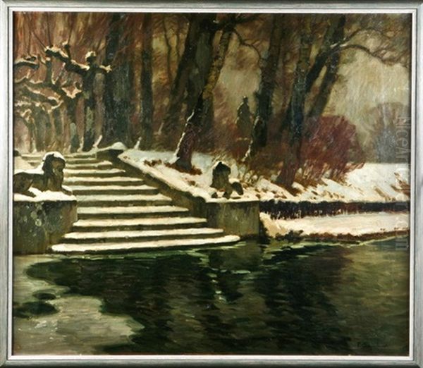 Verschneite Parklandschaft, Gewasser Und Treppenaufgang Oil Painting by Fritz Bayerlein