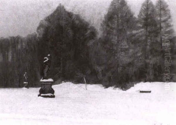Winterstille Im Park: Verschneite Gartenskulpturen Oil Painting by Fritz Bayerlein