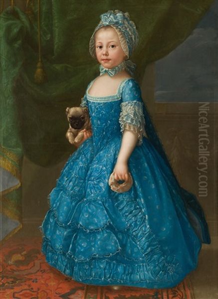 La Nina Maria Teresa Del Castillo Sosteniendo Con Sus Manos Un Perrito Y Una Rosquilla. Hacia Oil Painting by Francisco Bayeu Y Subias