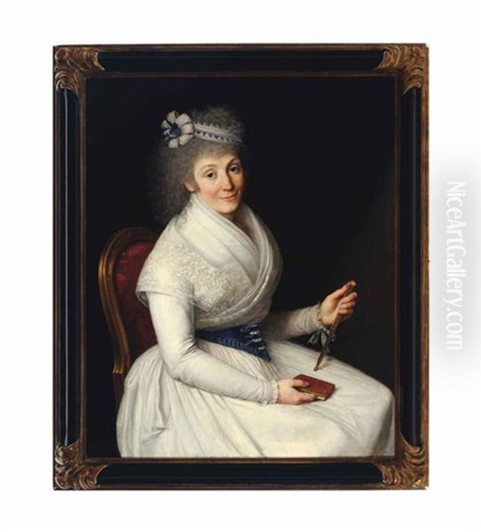 Portrait Of A Lady, Seated Three-quarter Length, Wearing A White Dress With Lace Trim, A Blue And White Ribbon In Her Hair Holding A Fan And A Book Oil Painting by Francisco Bayeu Y Subias