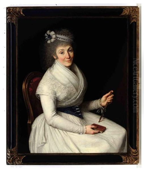 Portrait Of A Lady, Wearing A White Dress With Lace Trim, A Blue And White Ribbon In Her Hair Holding A Fan And A Book Oil Painting by Francisco Bayeu Y Subias