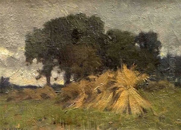 Wheat Stooks In A Field Oil Painting by John William Beatty