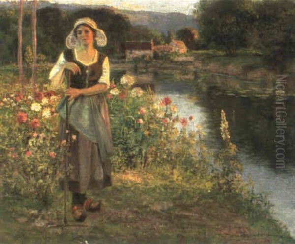 Peasant Girl In A Flower Garden Oil Painting by Jean Beauduin