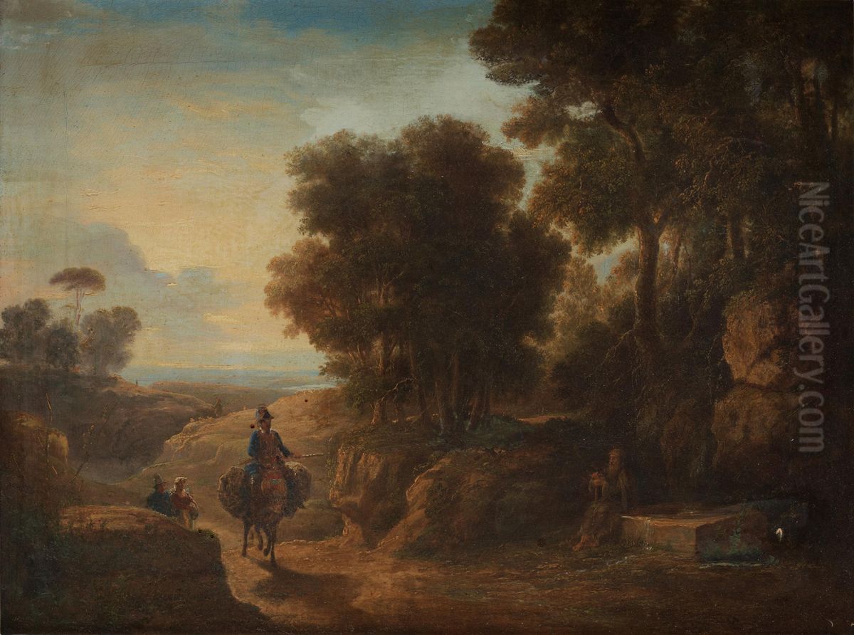 Italian Landscape With Figures Oil Painting by Agostino Aglio