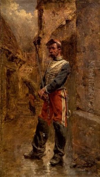 Portrait En Pied D'un Hussard De L'epoque Du Second Empire, Tenant Son Sabre Oil Painting by Wilfrid Constant Beauquesne