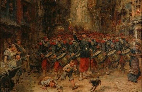 A Victory Parade On A Paris Street Oil Painting by Wilfrid Constant Beauquesne