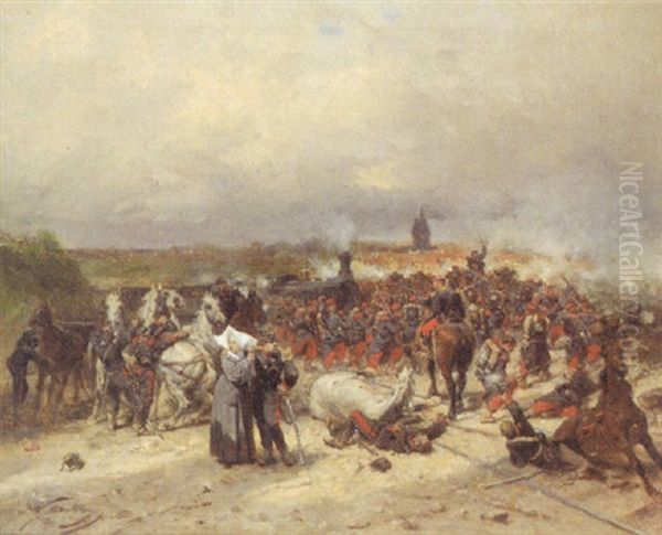 French Soldiers On The Attack: A Scene From The Franco-prussian War Oil Painting by Wilfrid Constant Beauquesne