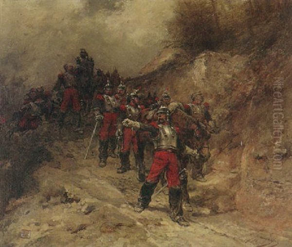 An Infantry Troop On A Mountain Path With An Officer Signaling In The Foreground Oil Painting by Wilfrid Constant Beauquesne