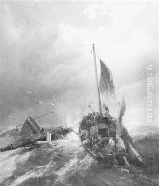 Fishermen Picking Up Wreckage At Sea Oil Painting by Richard Beavis