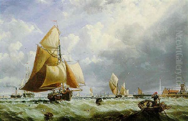 The Thames Below Gravesend-oyster Smacks Running Up Oil Painting by Richard Beavis