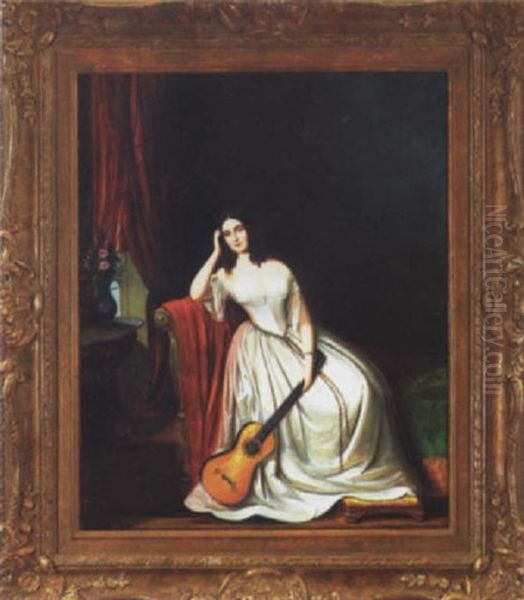 Lady In Fine White Gown With Guitar Oil Painting by Hans Bebie