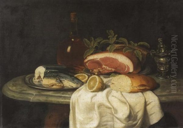 Stilleben Mit Grosem Schinken, Angeschnittenem Brot, Einer Aufgeschnittenen Zitrone, Fisch Auf Einer Zinnplatte Und Einer Flasche Wein Oil Painting by Jacob Samuel Beck