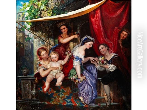 Italienische Verlobung Auf Dem Balkon Oil Painting by Carl Ludwig Friedrich Becker