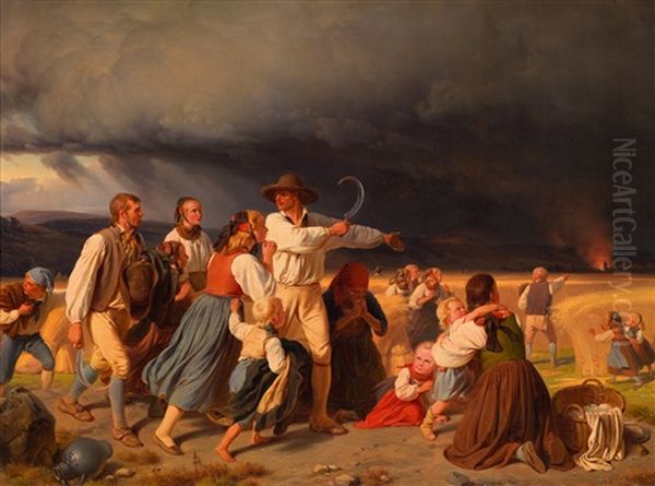 Das Gewitter, Landleute Auf Dem Felde, Den Durch Den Blitz Verursachten Brand Ihres Dorfes Gewahrend, Eilen Der Brandstatte Zu Oil Painting by Jakob Becker