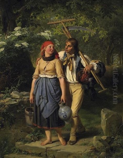Junges Paar Bei Der Heimkehr Auf Einem Waldweg Oil Painting by Jakob Becker