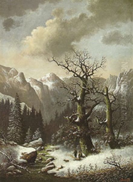 A Mountainous Winter Landscape With Hunters Resting By A Fire Oil Painting by Jakob Becker